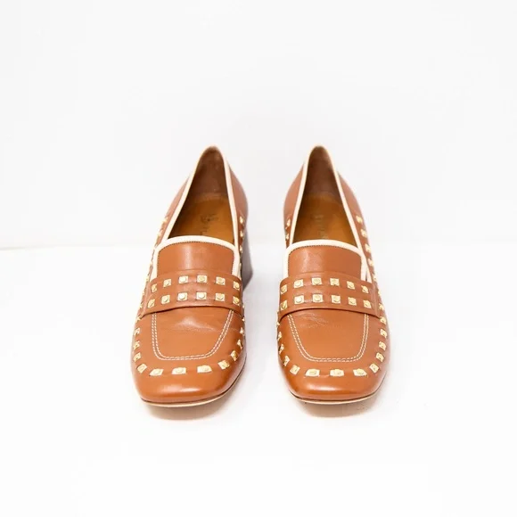 NEW Tory Burch Tory Heeled Loafer Ambra Dulce De Leche Leather Studded Shoes 11